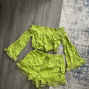 Vibrant Green Off-Shoulder Top and Shorts Set